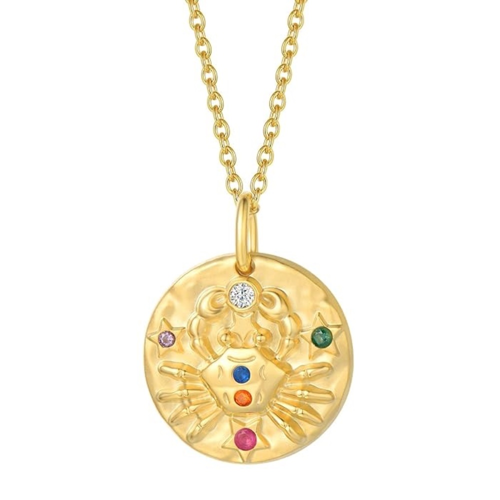 AGVANA Gold Plated Sterling Silver Zodiac Cancer Necklace Coin Disc Embossed